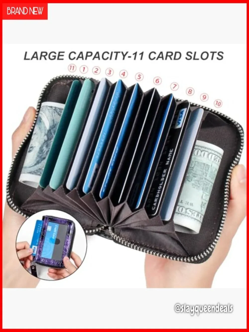 RFID Blocking Zipper Card Case Wallet, 9 Slots Accordion Organizer, PU Leather